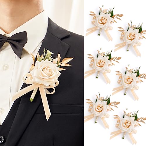 Serwalin 6 Pcs Champagne Boutonniere for Men Wedding, Groom and Best Man Boutonniere with Silk Rose Ceremony Anniversary Formal Dinner Party Artificial Flowers Prom Suit Decorations - color: Champagne, size: Boutonniere 6pcs
