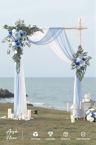 Deluxe Wedding Arch Flowers with Drapes Kit Pack of 4, 2pcs Blue & Grey Hanging Silk Flowers Arrangement 2pcs Chiffon Drapes for Ceremony Arbor Party Outdoor Decor - color: Blue & Grey
