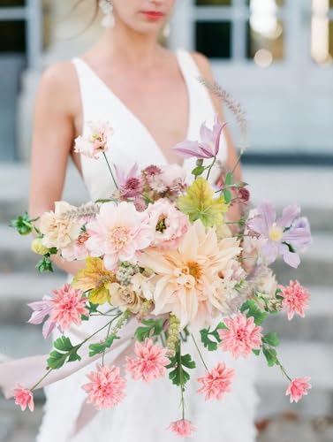 6PCS Pink Dahlia Artificial Flowers 27.5’’ Fake Silk Flowers Faux Dahlias with Stems for Vase Table Centerpiece Home Wedding Kitchen Garden Decoration(Pink) - color: Pink