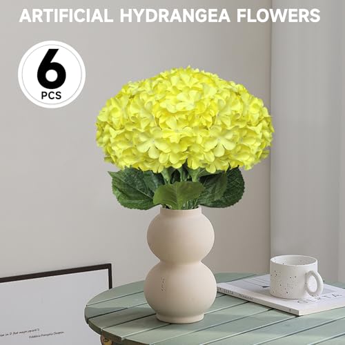 6 PCS Artificial Hydrangea Flowers, Realistic Silk Faux Hydrangeas with Long Stems, Fake Flowers for Wedding Bouquets, Home Table Centerpieces, Party & Indoor Outdoor Decor(Yellow) - color: Yellow