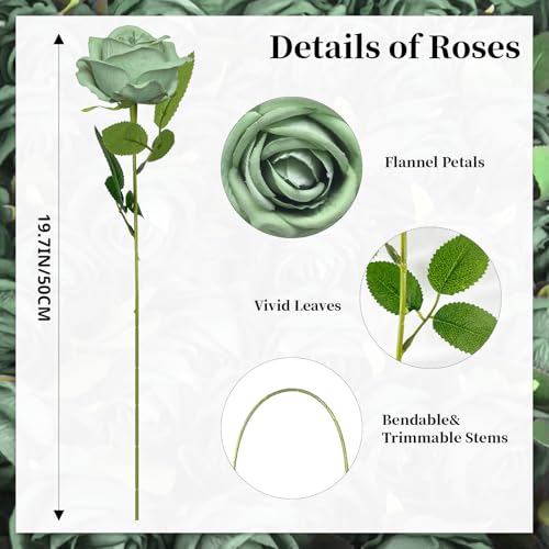 10 PCS Artificial Roses with Long Stems Silk Flowers Realistic Foam Flowers Fake Roses for Valentine's Day Autumn Fall Decor Halloween (Grass Green) - color: Grass Green