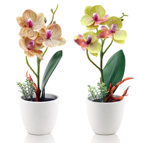 2Pcs Artificial Flowers Fake Orchid Phalaenopsis Small Potted Plant Ceramic Vase for Home Decor Bathroom Office Desk Wedding Decoration(Yellow & Brown) ﻿ - color: Yellow & Brown