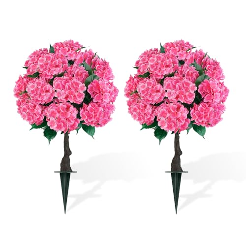 Grooy Artificial Topiary Ball Tree with Pink Hydrangea, Set of 2 UV Resistant Shrubs with Ground Spike, Fake Evergreen Plant Decor for Porch Garden Indoor Outdoor - color: Pink Hydrangea