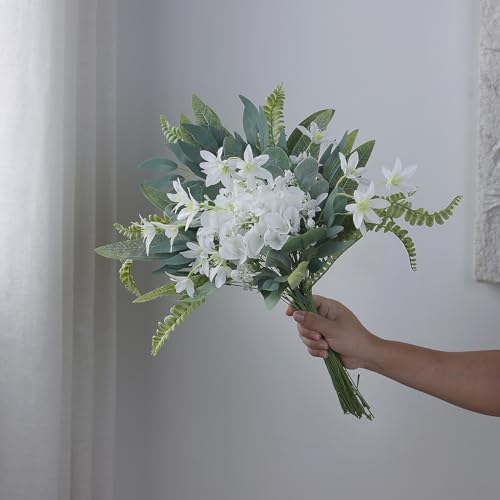 VIERENA Artificial Greenery Stems Box Set(Pack of 85pcs) with 8 Kinds of Faux Plants and Fake Flowers for DIY Wedding Bouquet Table Centerpieces and Floral Arrangement (White&Dusty Green) - color: White&dusty Green