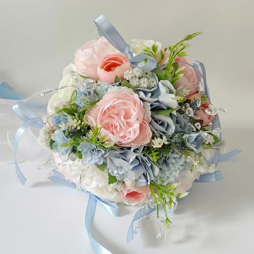 Wedding Bouquets for Bride, Pale Pink and Light Blue Bridal Bouquet | Realistic Silk Rose for Rustic Boho Church Ceremony, Proposal, Thanksgiving, Wedding Decor - color: Pale Pink and Light Blue