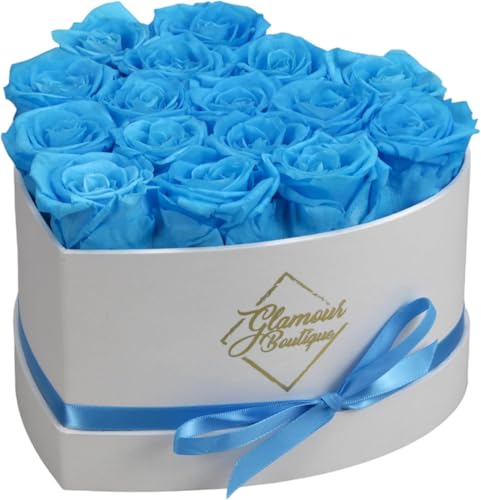 GLAMOUR BOUTIQUE Preserved Roses in a Box - Gifts for Her, Wife & Mom, Rose Flowers Forever Decor for Birthday Gift, Get Well Flower Bouquet Cased in White Box with Cover - Teal - 16 (Color-Treated) - color: Teal, size: 16 Roses Heart Box