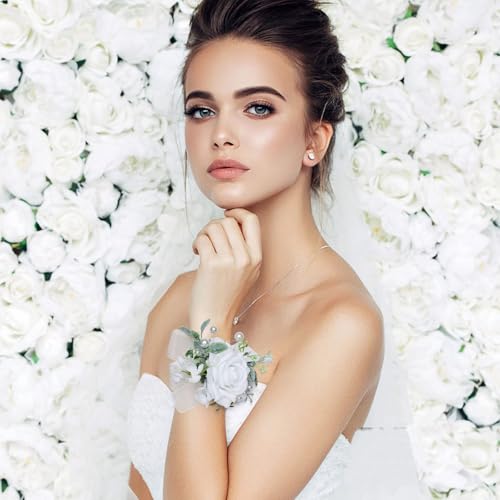 Artificial White Rose Flowers Wrist Corsage Wristlet Band Bracelet and Men Boutonniere Set for Wedding Party Prom Homecoming Anniversary Ceremony Suit Decorations White Rose Set - color: White Rose Set