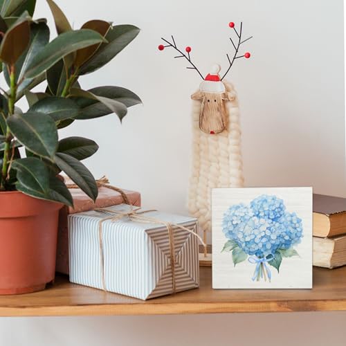 Blue Hydrangea Bow Wooden Signs,Blue Bow Spring Flowers Bouquet Wooden Box Sign,Watercolor Hydrangea Floral Decor For Home Desk Tabletop Shelf Decoration 5x5 Inches - color: Hydrangea Bow