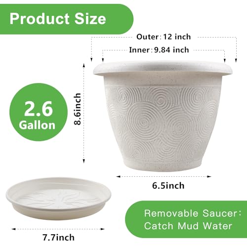 Plastic Flower Pots Planters For Indoor Plants, 4 Pack 12 Inch White Plant Pots With Drainage Hole & Tray, Modern Decorative Large Plant Pot With Saucer For Indoor Outdoor Plants Garden House Planter - color: White, size: 12 inch-4 pack