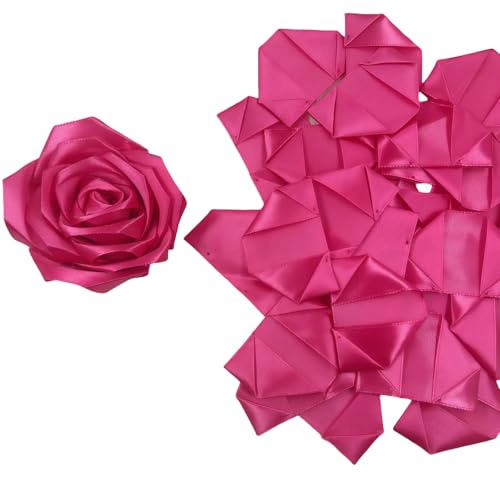 100 Pcs Pre-Made Satin Ribbon Rose Petals, DIY Half-Finished Flowers for Eternal Rose Bouquets, Wedding, Anniversary Birthdays Party Decorations - color: 100 Pcs Hot Pink