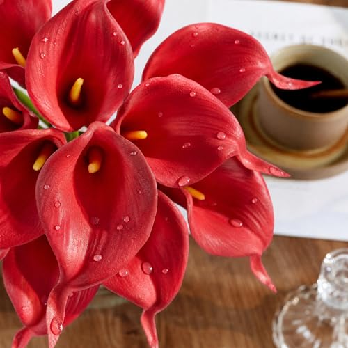 Artificial Calla Lily 12Pcs Red Real Touch Faux Flowers for Wedding Bouquet, Bride Bridal Shower, Spring Home Kitchen Table Decor, Fake Lilies for Centerpieces, Party Decorations - color: Wine Red