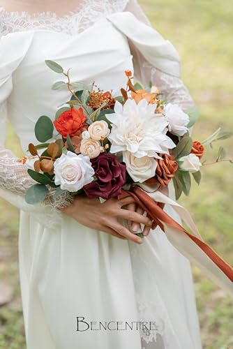 10 Inch Terracotta Bridal Bouquet,Burnt Orange Wedding Bouquet,Bride Bouquets for Wedding Ceremony Anniversary, Party and French Rustic Vintage,Artificial Flowers - color: Terracotta, size: 10 Inch