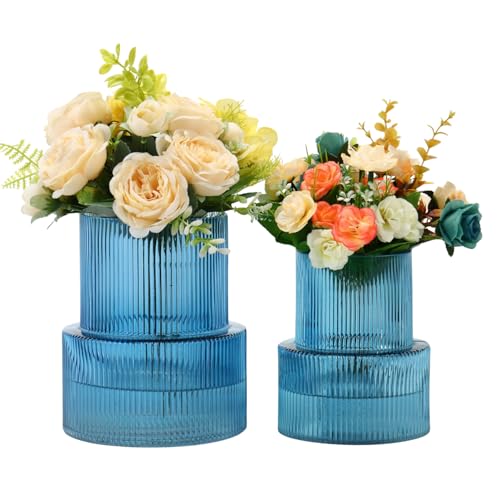 Ribbed Glass Vases for Bouquet, Set of 2 Blue Vases for Flowers, Blue Glass Vase for Tulips, Modern Vase for Living Room, Office, Coffe Table, Dining Table, Shelf, Wedding - color: Blue, size: Ribbed Mixed Sizes (2-Pack)