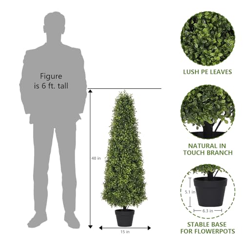 4ft Artificial Boxwood Topiary Trees (Set of 2) - UV Resistant Faux Plants Outdoor, Realistic 48in Fake Potted Bushes and Shrubs for Front Porch, Planter, Patio - Low Maintenance & Evergreen - color: Boxwood Light Green, size: 48in