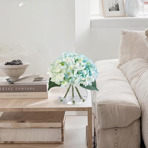 Hydrangea Artificial Flowers in Glass Vase, Blue Silk Fake Flowers Silk Centerpiece Table Decorations for Dining Room， Coffee Table Decor，Wedding, Home with Faux Water Decor（Light Blue） - color: Light Blue