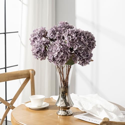 Artificial Flower Fake Silk Hydrangea Heads Bouquet With Stems Bulk for Fall Decoration Table Center Christmas Indoor Outdoor Faux Decorations Floral Realistic With Leaves Plants Craft(Grayish Purple) - color: Grayish Purple