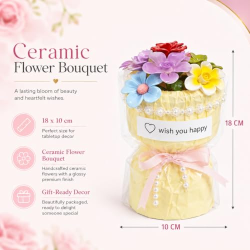 Porcelain Flower Bouquet - Handmade Ceramic Flowers Floral Arrangement, 6 Unique Blossoms, 6 inches Height, Shelf Living Room Decor, Ideal Gift for Mother’s Day, Birthdayr (Yellow-Rose) - color: Yellow-rose