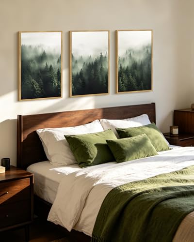 PHOPAGO Green Fog Pine Tree Framed Wall Art Large 16x24in Nature Misty Nordic Forests Artwork Morden Paints for Living Room Home Office Decor - Natural Framed - color: Green Pine Forest, size: 24L" x 16W" x 3 Pcs Natural