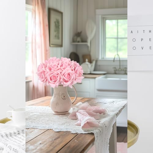 IPOPU 2 Bouquets 10PCS Real Touch Light Pink Roses Artificial Roses with Stems for Wedding Party Home Table Centerpieces Decoration(Light Pink) - color: Light Pink