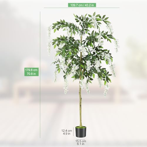 6FT Ficus Tree Artificial Indoor Tall Faux Wisteria Tree in Nursery Pot Fake Potted Tree with Blooming White Flowers and Real Wood Trunk for Home Office Living Room Decor