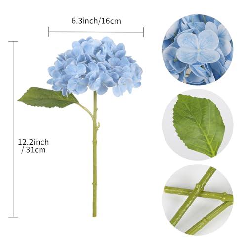 IPOPU 6PCS Real Touch Fake Hydrangea Artificial Flowers Blue Hydrangeas with Stems Latex Lifelike Faux Hydrangeas for Home Table Centerpieces Wedding Baby Shower Party Floral Arrangements (Blue) - color: Light Blue