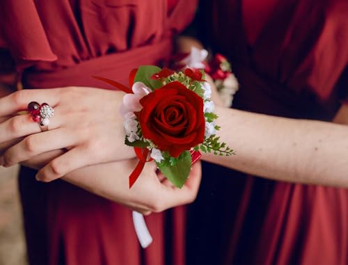 CherishedMoments Corsage and Boutonniere Set, Red Rose Handmade Artificial Flower Wrist Corsage and Groom Boutonniere for Men Wedding, Bridesmaid Hand Flower for Wedding,Prom Suit Decorations - color: Red