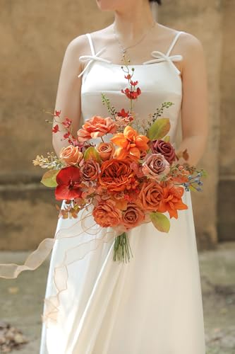 Burnt Orange Artificial Flowers Set - Fake Roses, Peonies, Silk Flowers with Stems for DIY Wedding Bouquets,Floral Arrangement,Table Centerpieces,Baby Shower, Home Decor - color: Burnt Orange