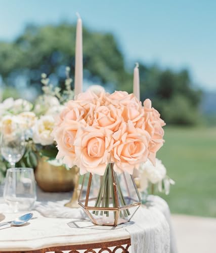 IPOPU 2 Bouquets Real Touch Roses Artificial Flowers 10PCS Champagne Flowers Fake Roses with Stems for Wedding Party Home Table Centerpieces Decoration(Champagne) - color: Champagne