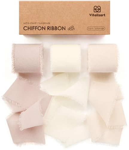 Vitalizart White Handmade Chiffon Silk Ribbon Fringe 1.5" x 21 Yd Nude & Ivory Frayed Edges Ribbons for Wedding Invitations Bridal Bouquets Gifts Wrapping Crafts Holiday Party Decorations - color: Nude & White