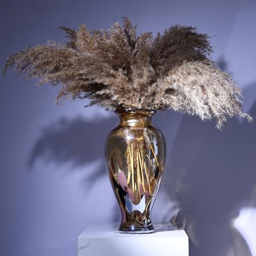 11.8" Tall Blown Amber Gold Glass Vase, Amber Opaque Glass Vase, Unique Design Wide Mouth Art Decoration for Home, Living Room, Dining Table, Pampas Grass Decor (Amber Gold) - color: Amber Gold