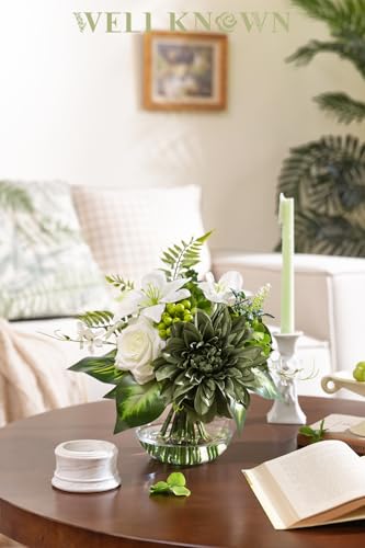 Artificial Flowers in Vase with Fake Water, Silk Rose Dahlia Lily Flowers Bouquet with Glass Vase for Home Birthday Party Wedding Dinning Table Office Hotel Decor Gift (Green & White Mixed) - color: Green & White Mixed
