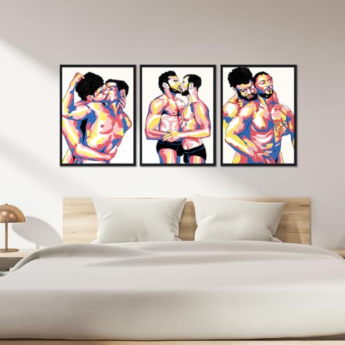 3 Piece Gay Man Kiss Hug Canvas Wall Art for Bedroom Wall Decor Abstract Male Couple Love Posters Adult Men Prints Artwork for Apartment Bathroom Hotel Bar Framed Ready to Hand 16x24inchx3pcs - color: Art08, size: 16x24x3Pcs Black Framed