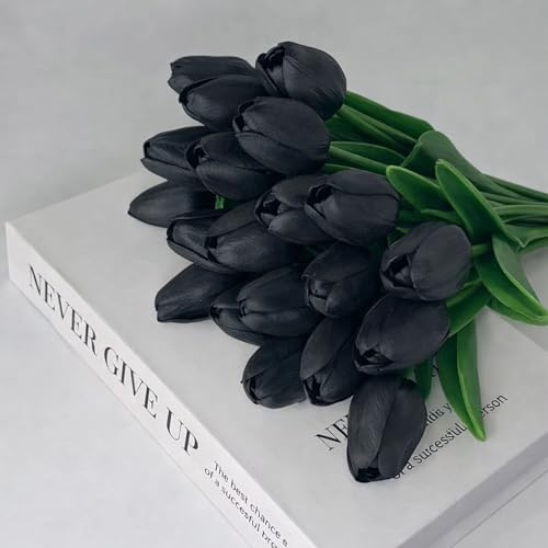 20 Pcs Tulips Artificial Flowers, 13.5'' Real Touch PU Fake Flowers Bouquet for Home Party, Spring Wedding Floral Arrangement, Valentine's, Easter and Mother's Day Decor (Black) - color: Black