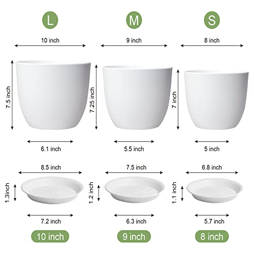WOUSIWER Plant Pots 10/9/8 inch, Set of 3 Modern Decorative Plastic Planters with Drainage Holes and Saucers for House Plants Indoor Flowers Plants, White - color: White