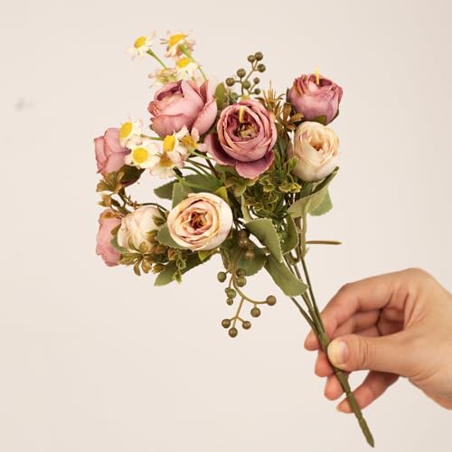 5 Pcs Fake Flowers in Vase Artificial Flower Arrangement Faux Peony Flowers for Wall Decoration Party Home Centerpiece Decor (Mixed Pink) - color: Mixed Pink