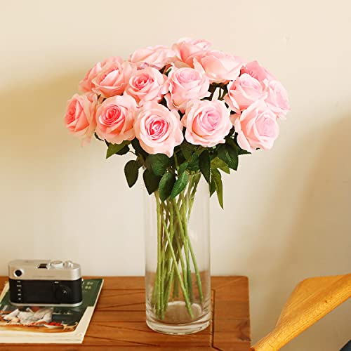 Laelfe 12 PCS Artificial Flowers Roses Fake Silk Flowers Long Stem Artificial Roses for Home Wedding Decorations - color: Light Pink
