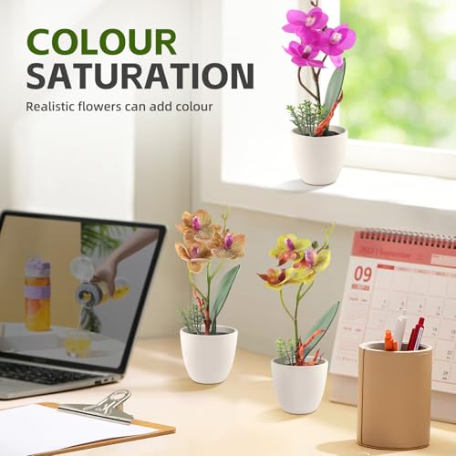 2Pcs Artificial Flowers Fake Orchid Phalaenopsis Small Potted Plant Ceramic Vase for Home Decor Bathroom Office Desk Wedding Decoration(Yellow & Brown) ﻿ - color: Yellow & Brown