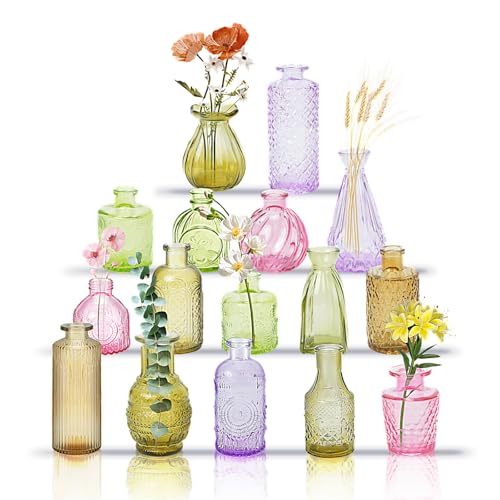16 Pack Glass Bud Vase Set, Small Flower Vase Set Bud Vases for Wedding Centerpiece Table Decor, Vintage Small Vases for Room Home Dining Party Table Center Decor (Amber Set, 16 Pack) - color: Amber Set, size: 16 Pack