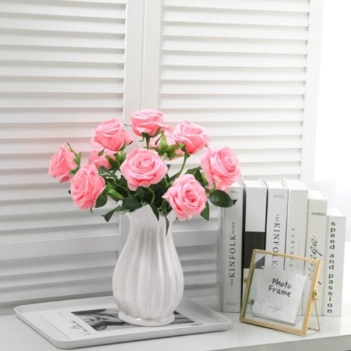 Pink Fake Roses Artificial Flowers - 16 Pcs Fake Artificial Roses Silk Flowers with Stems for Home Wedding Hotel Office Centerpiece Decor - color: Pink, size: 16 Pcs