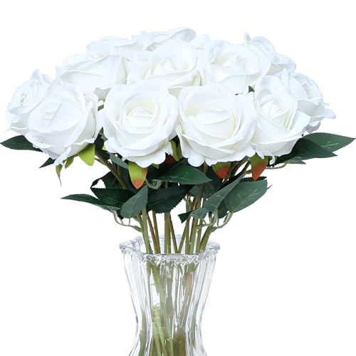 SITUMEIZI 15PCS White Artificial Roses Silk Flowers Fake Roses Realistic Bouquet Long Stem with Gift Box for Mother's Gift Day Home Party Wedding Decorations - color: White