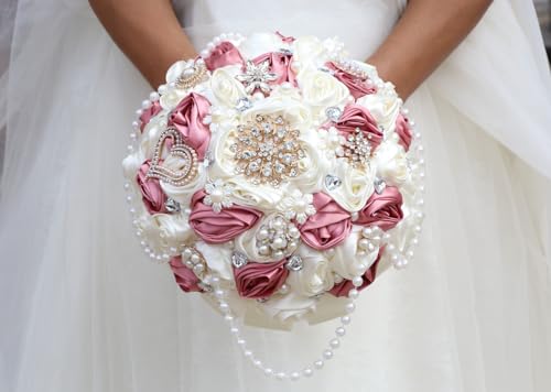 Dusty Pink Rose and Ivory Wedding Bouquet with Rhinestone Brooch Pearl String Satin Flower Cascade Bridal Bouquet for Bride Bridesmaid Quinceanera Wedding 9.8in - color: Dusty Pink & Ivory, size: Extra-large (DIA. 9.8"/25cm)