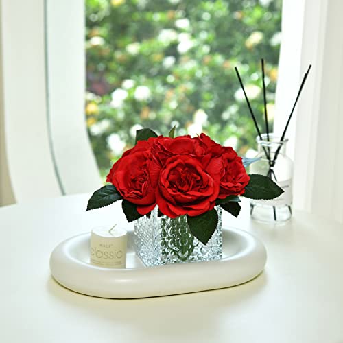 Artificial Peony Silk Flower Centerpieces Faux Floral Arrangement in Glass Vase for Home Wedding Table Decoration (Red) - color: A-red