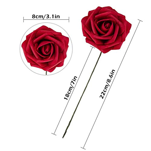 25pcs Artificial Flower Foam Rose Real Touch Roses Flower Heads with Stem for DIY Wedding Bouquets Centerpieces Arrangements Party Baby Shower Home Decor (Dark Red) - color: Dark Red