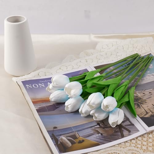 Real-Touch Artificial Tulips with Ceramic Vase, 10 Stems Faux Floral Arrangement, Spring Table Centerpiece, Modern Farmhouse Home Decor (Yellow + vase) - color: Yellow + Vase