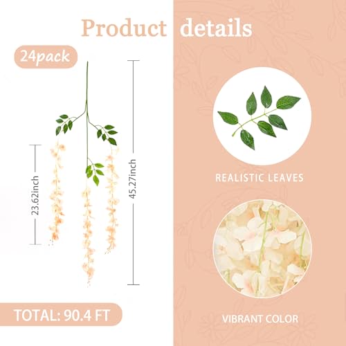 24 Pack Champagne Wisteria Hanging Flowers Garland, 3.77 Feet Artificial Flower Vines, Fake Wisteria, Artificial Vines Hanging Garland for Backdrop Outdoor Yard Garden Decor - color: Champagne, size: 24 PCS