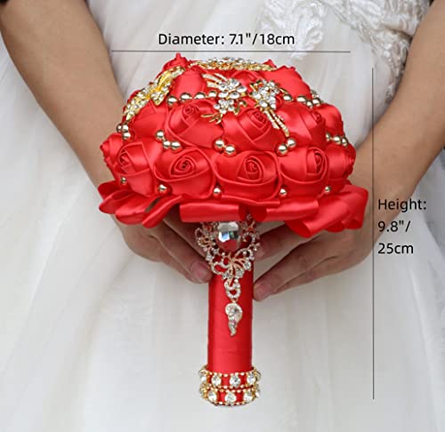 Red Bridal Wedding Bouquet Luxury Gold Rhinestone Brooch Bouquet for Bride Bridesmaid Quinceanera Satin Red Rose Artificial Flower Bouquet Wedding Red 7.1in,Bouquet3218G-Red18 - color: Red, size: Diameter: 7.1 inches