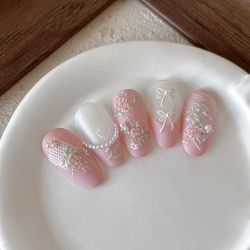 Pink Flower Nail Stickers Spring 5D Floral Nail Decals 1PCS Embossed Flowers Bouquet Bow Design Summer Adhesive Decals Nail Art Supplies for Women Manicure Decor - style: Style1-Pink Flower