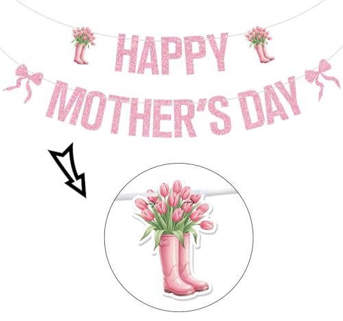 Pink Glitter Happy Mother's Day Banner, Feliz Dia Mama/Best Mom Ever, Bowties Tulip Bouquet Mother's Day Mother's Birthday Party Decorations Supplies