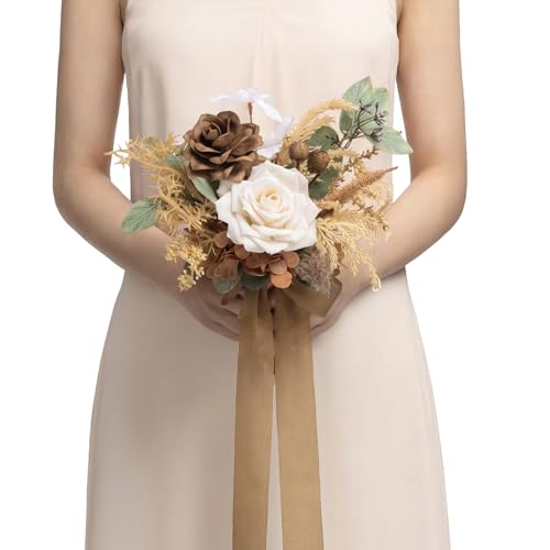 Ling's moment Brown Artificial Wedding Flower Bouquets for Bridesmaids Boho Floral Bouquet Bridesmaids Bouquets with Ribbon Ceremony Anniversary,7-inch Diameter - color: Brn-beige Brown
