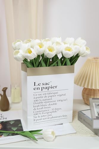 Tulips Artificial Flowers 20pcs Real Touch Fake Tulips Arrangement White Faux Flowers Tulip Stems for Wedding Spring Easter Valentine's Gift Home Table Decor (White) - color: White